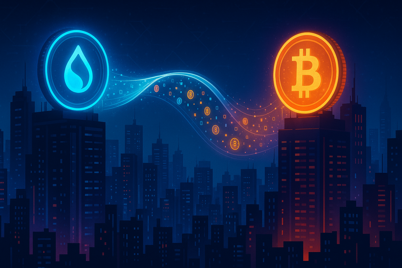 Cyberpunk city skyline with glowing coins and data tunnel showing SUI to BTC swap