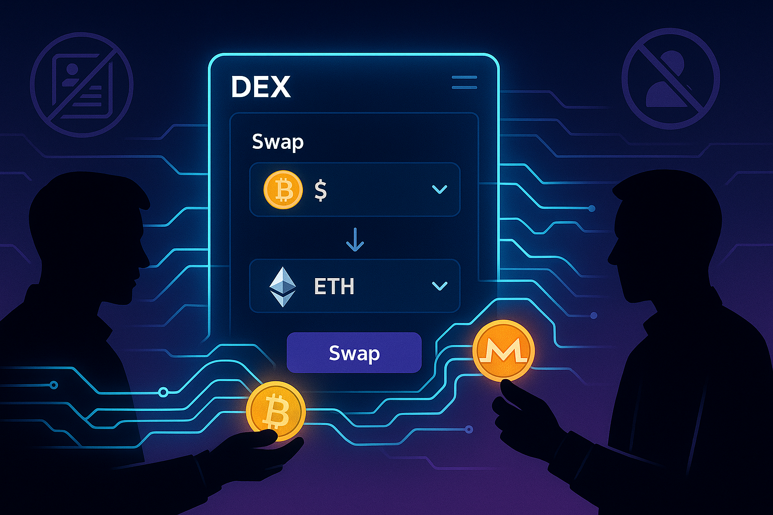 Anonymous traders swapping cryptocurrencies on a no-KYC DEX interface with neon cyberpunk design