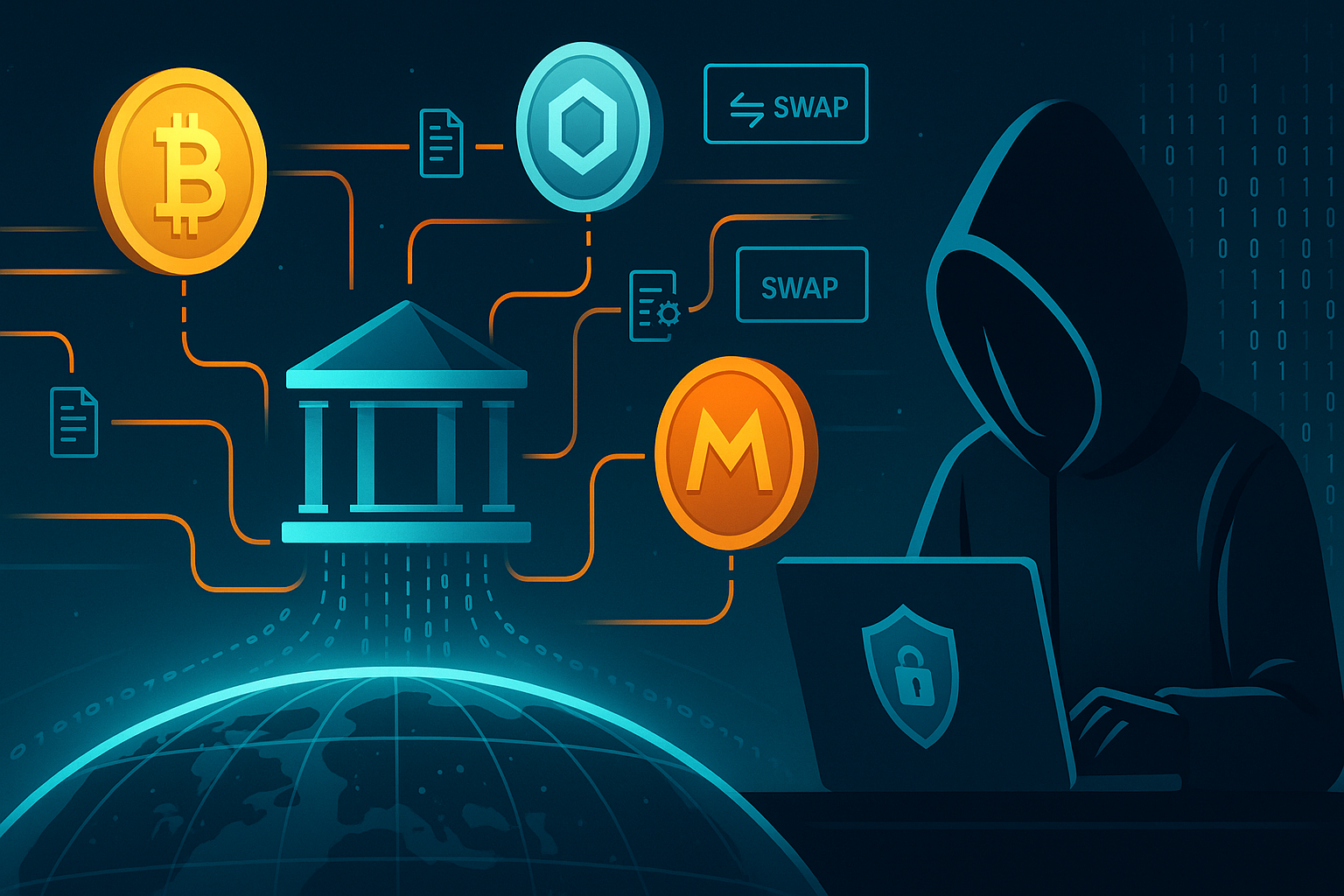 Futuristic decentralized crypto marketplace showing anonymous user swapping coins without ID verification