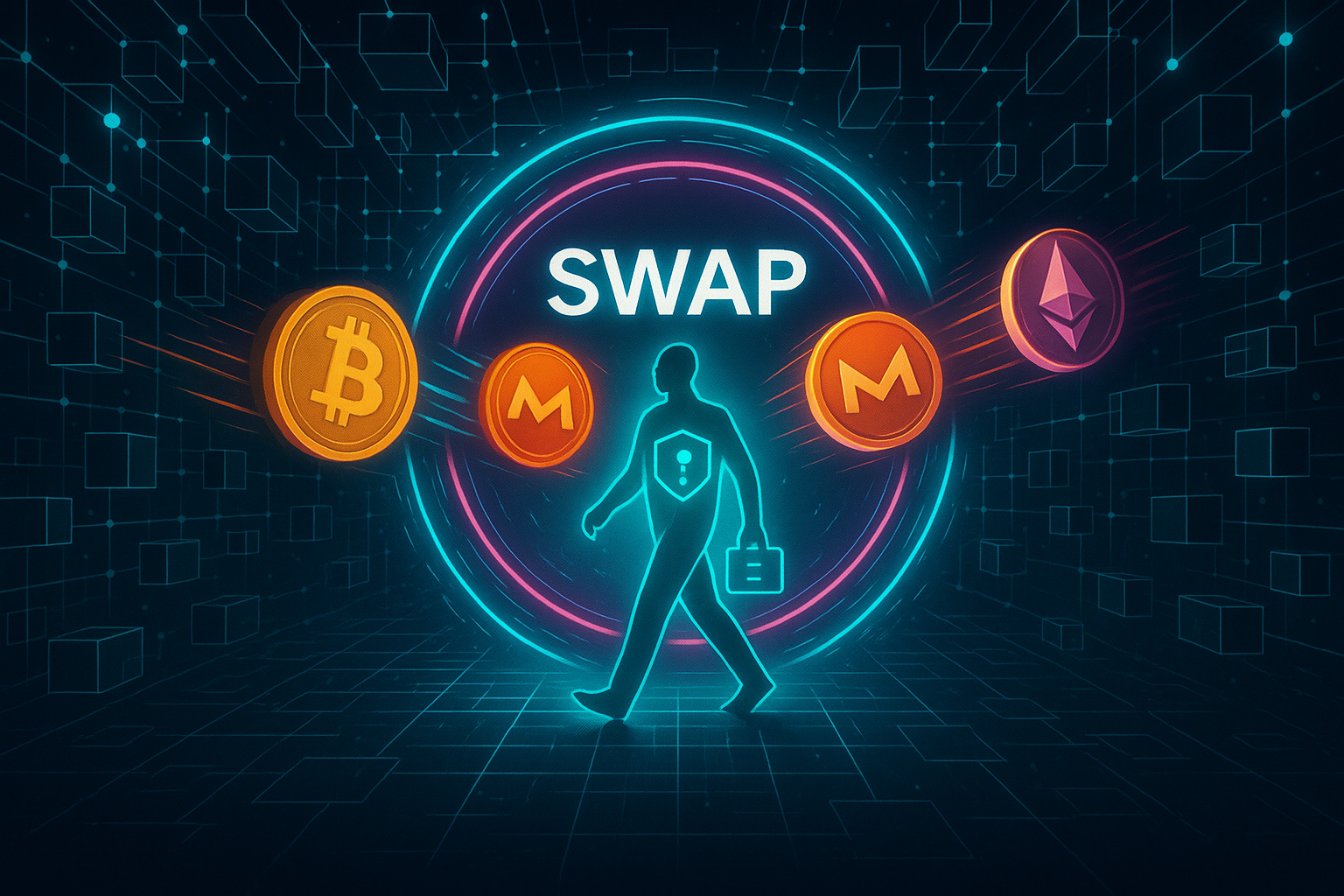 Futuristic blockchain tunnel with SWAP portal trading anonymous crypto coins