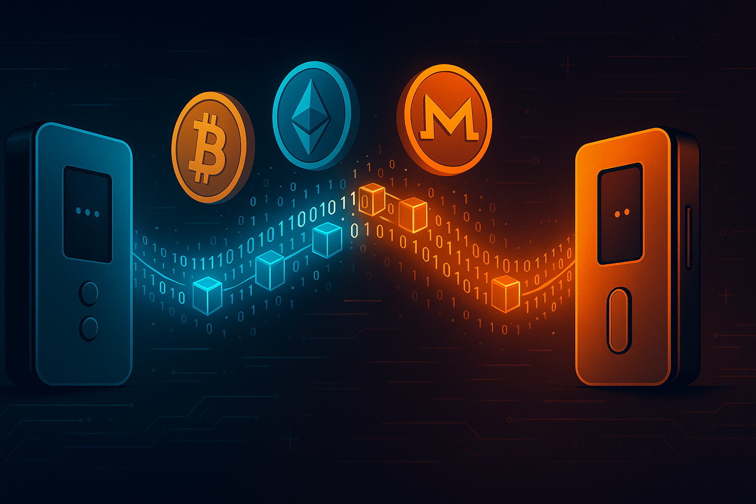 Crypto banner showing two hardware wallets swapping coins via a glowing blockchain bridge