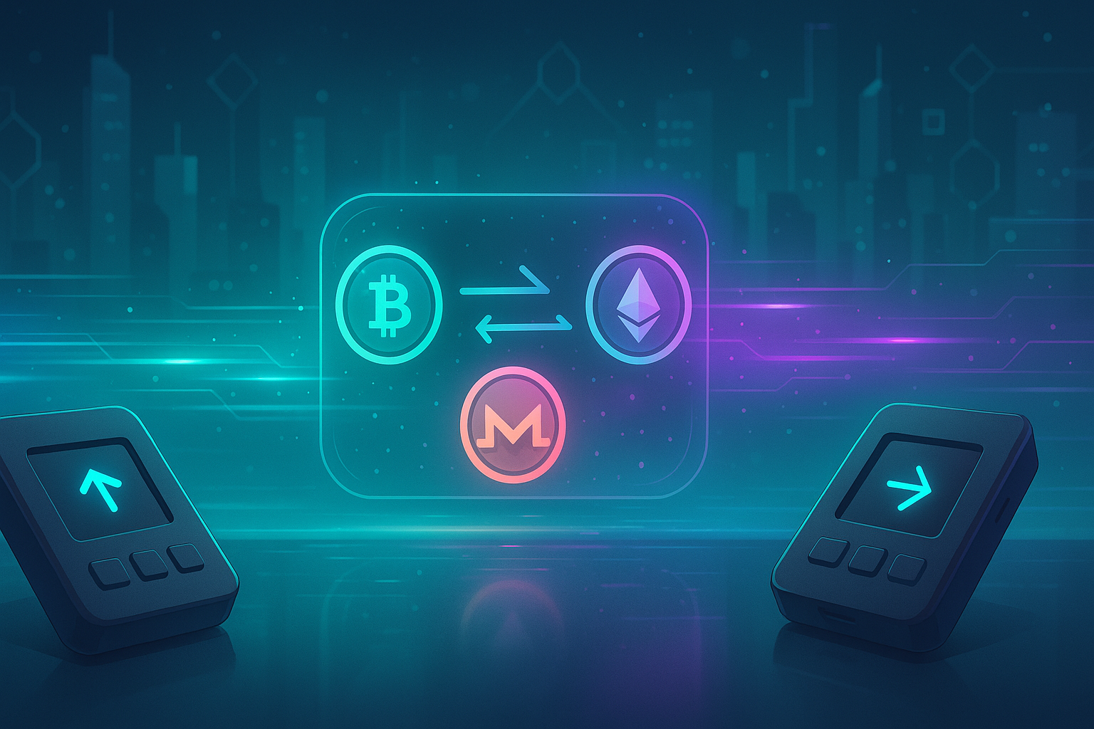 Futuristic crypto trading desk showing hardware wallets swapping BTC, ETH, and XMR