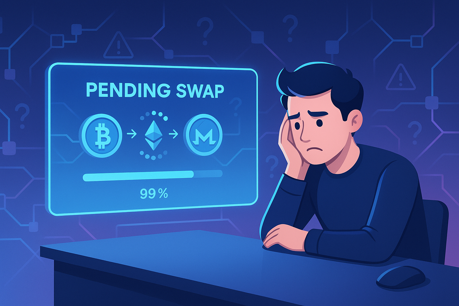 Frustrated crypto trader staring at stuck 99% pending swap on futuristic holographic screen