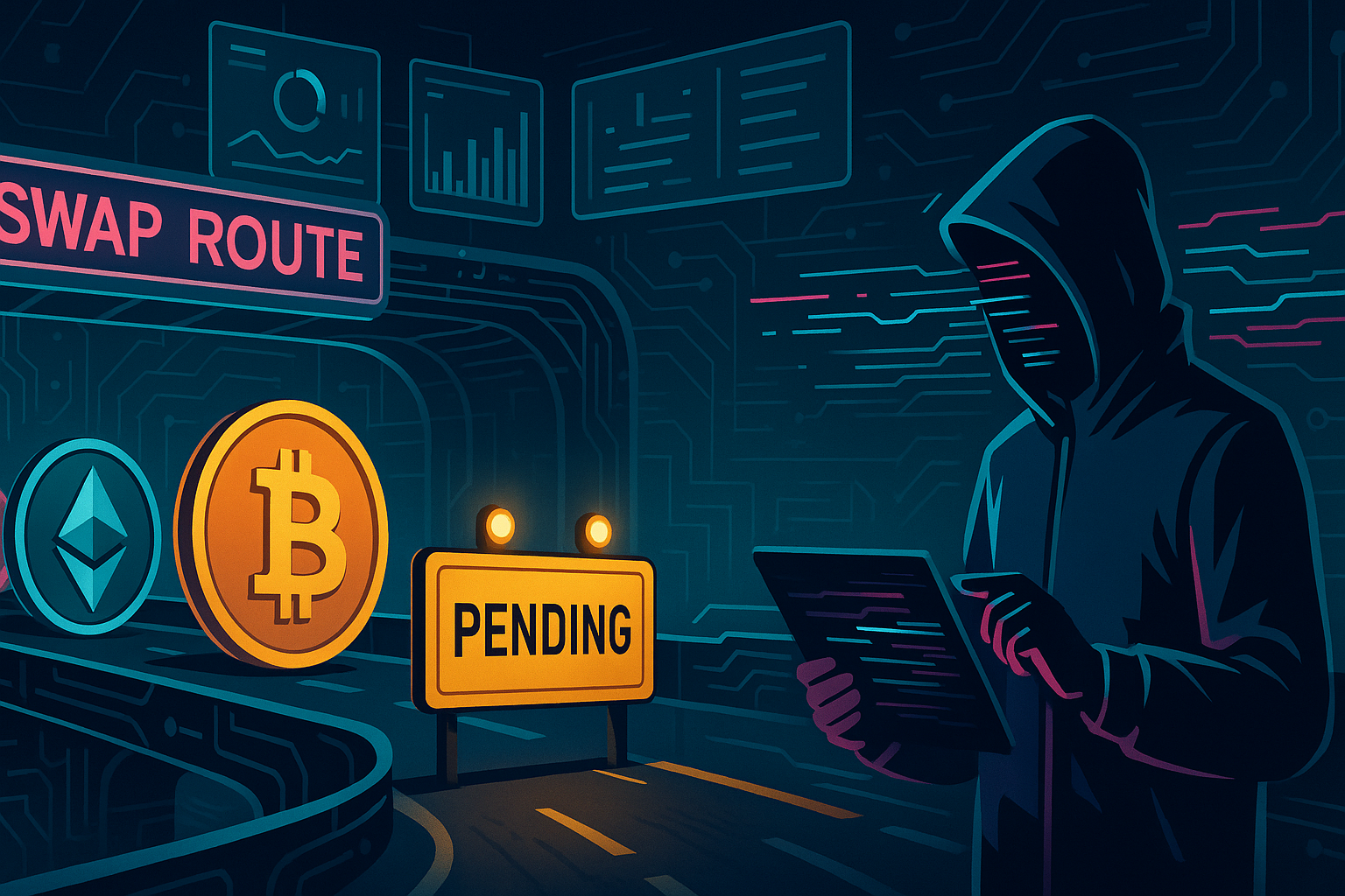 Cyberpunk digital highway of stalled crypto coins behind a pending swap barrier