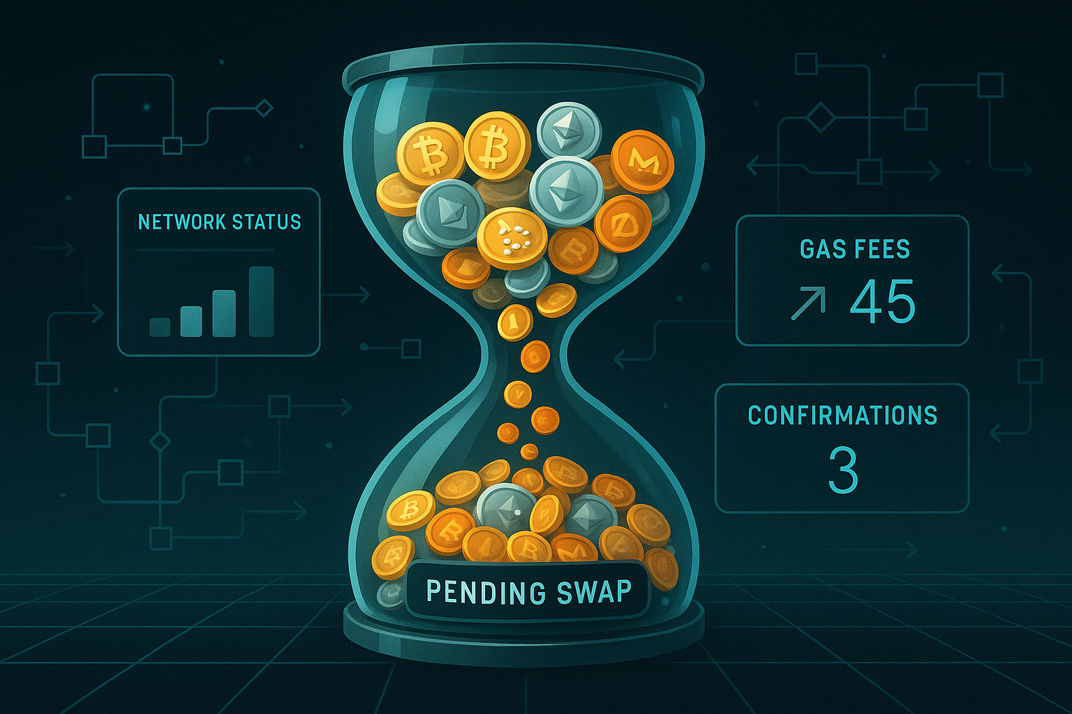 Hourglass of stuck crypto coins with swap diagnostics for troubleshooting pending swaps