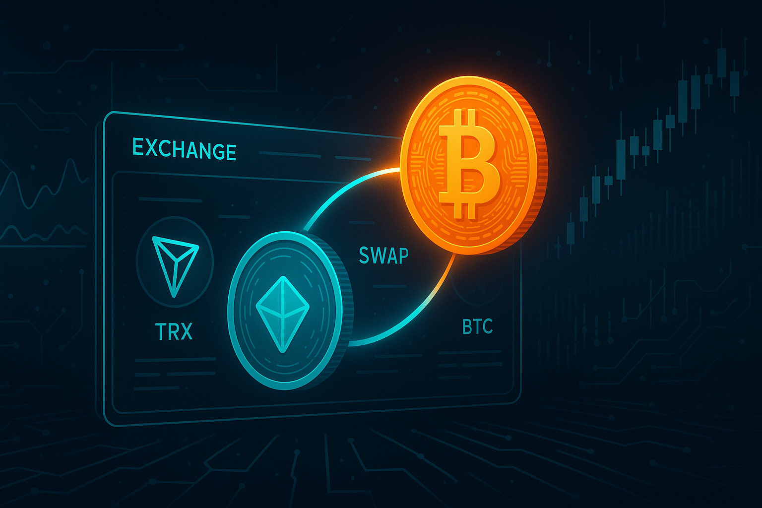 Futuristic TRX to BTC swap interface with glowing crypto coins and charts
