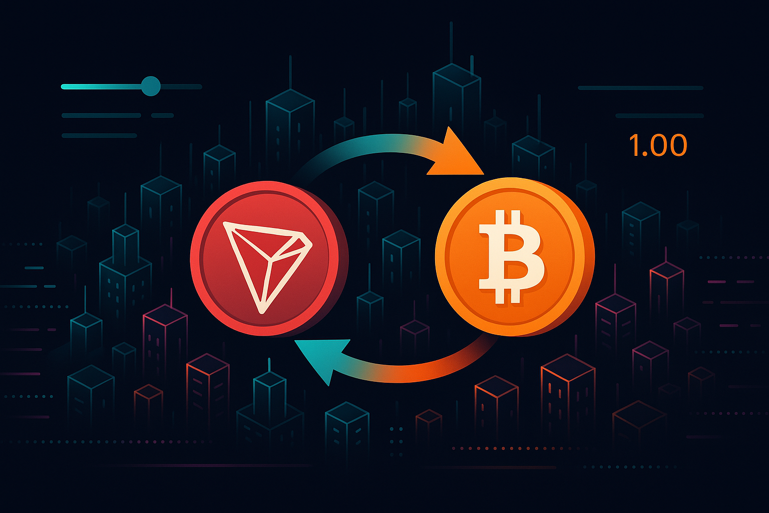 Abstract crypto illustration showing TRX to BTC swap with neon blockchain cityscape