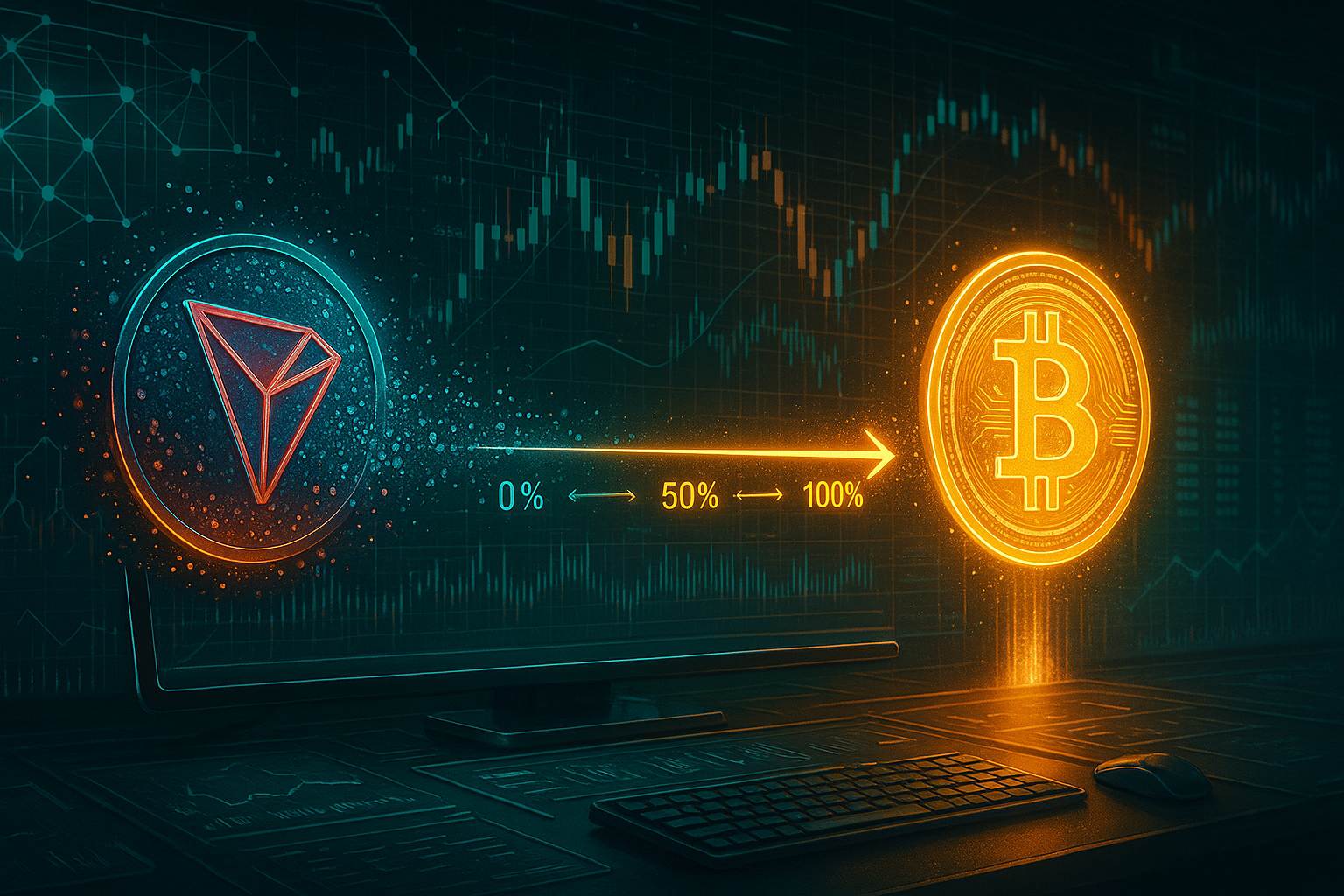 Futuristic crypto trading desk visualizing TRX to BTC swap process