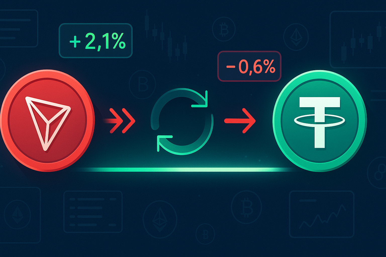 TRX to USDT swap interface with red TRX tokens converting into green USDT stablecoins on a dark crypto dashboard