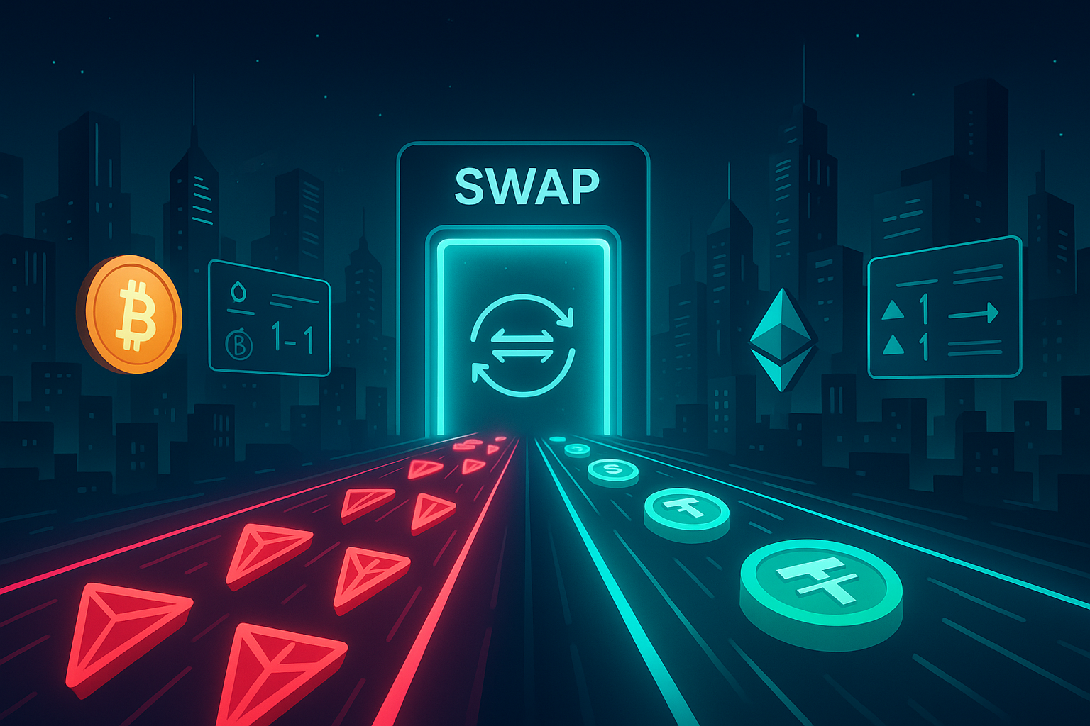 Futuristic crypto cityscape showing TRX-style coins swapping into USDT-style stablecoins