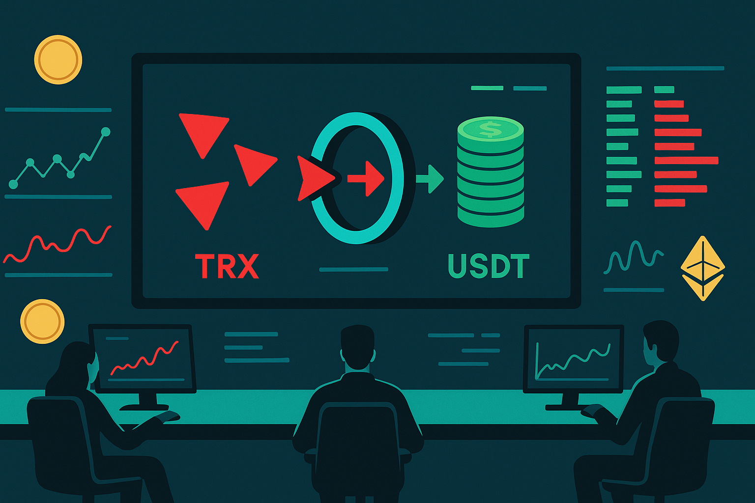 Modern TRX to USDT swap dashboard illustration in a crypto control room