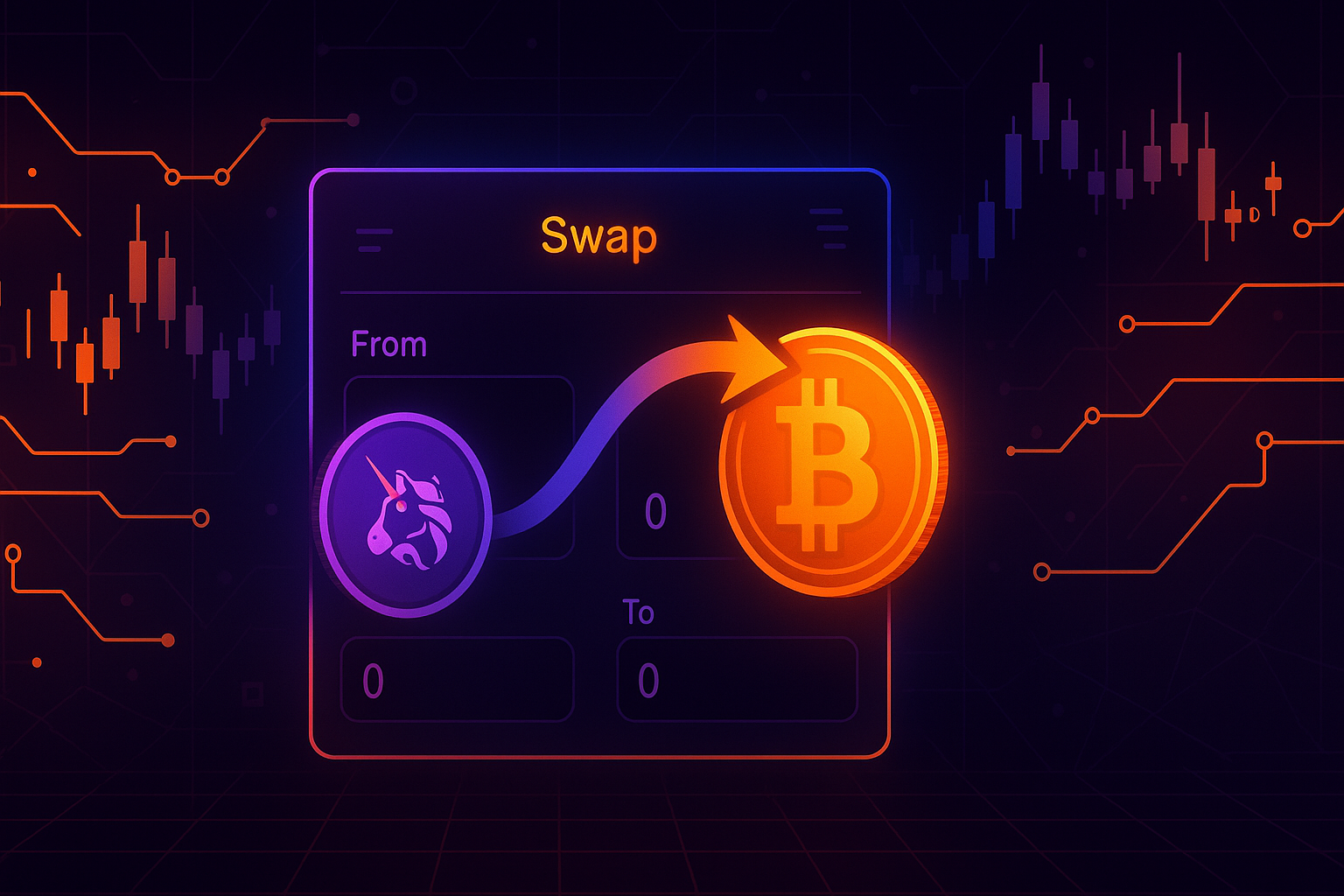 Decentralized exchange interface swapping UNI-like token to BTC-like coin