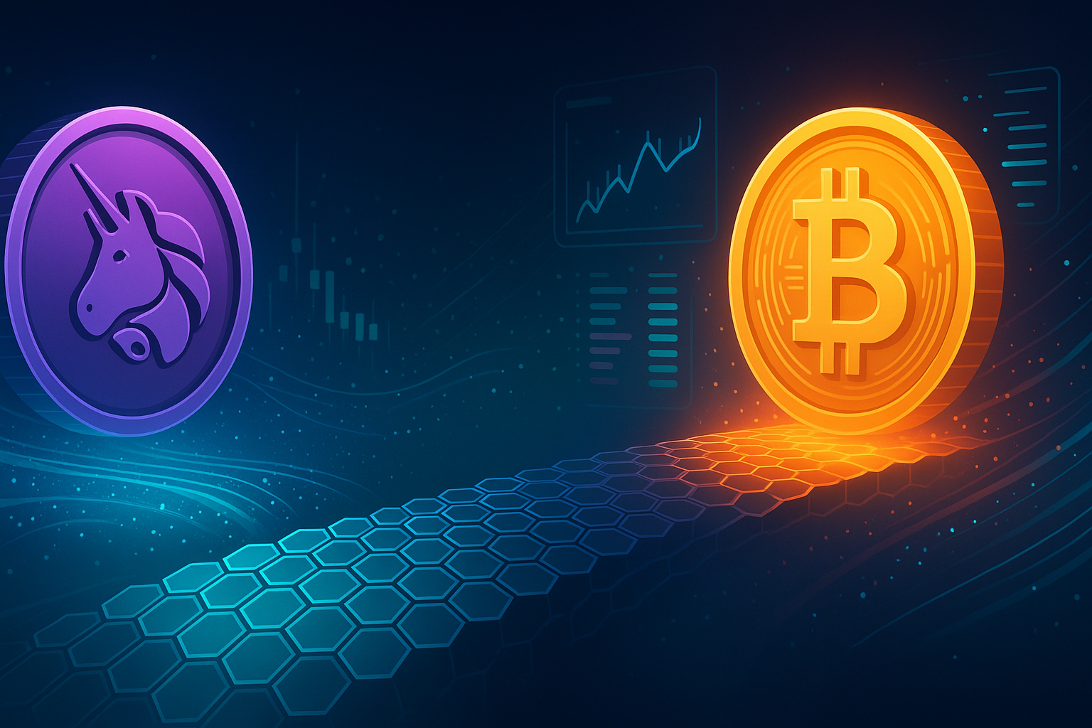 Futuristic digital bridge visualizing a private UNI to BTC swap