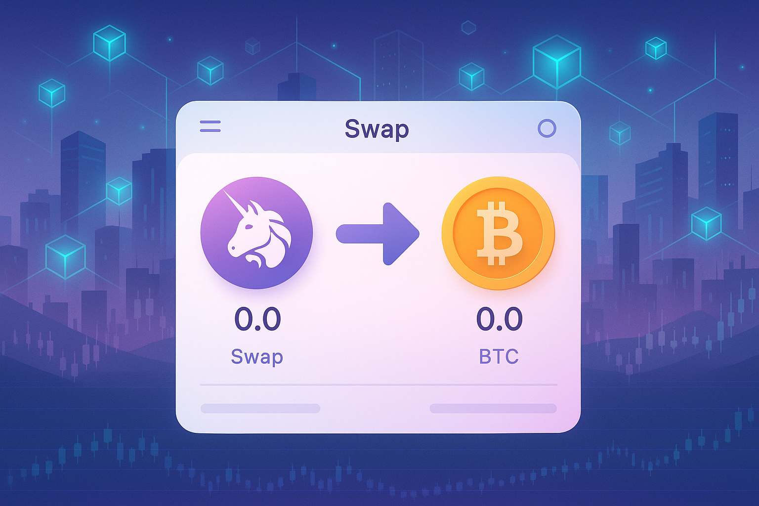 Uni to BTC swap interface with unicorn token and Bitcoin coin in neon crypto dashboard