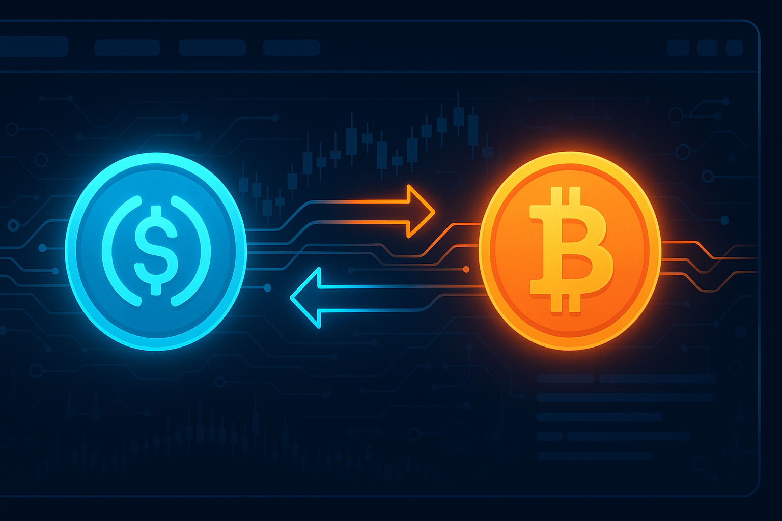 USDC to BTC swap dashboard with glowing coins and animated exchange arrows