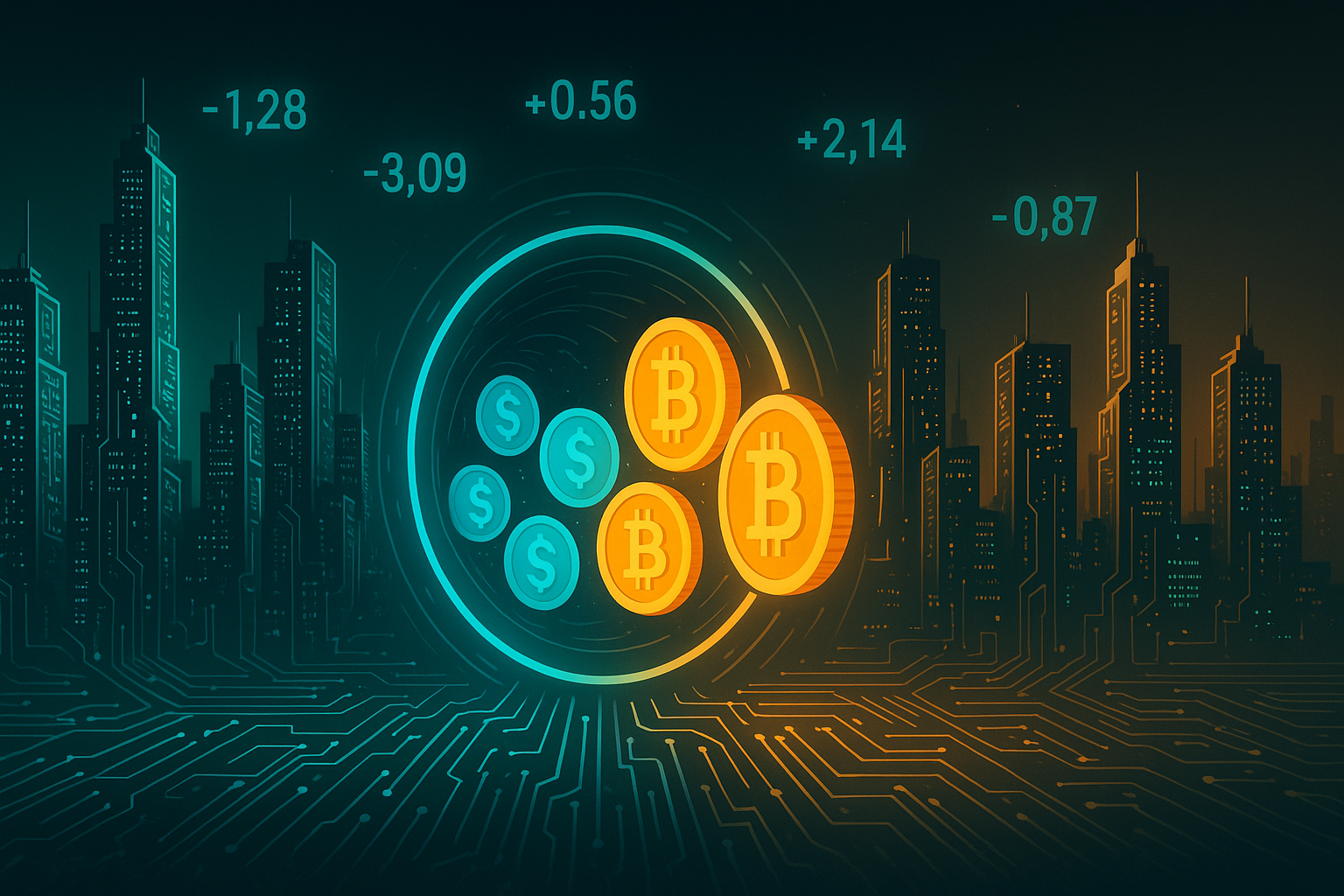 Digital city skyline with USDC-like tokens transforming into Bitcoin coins