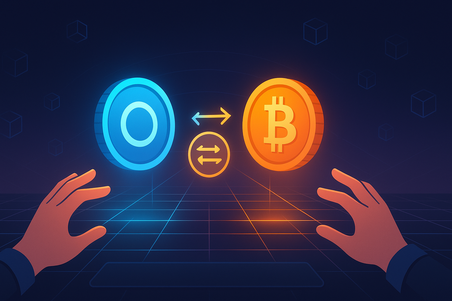Trader using holographic interface to swap USDC stablecoin for Bitcoin in a futuristic crypto control room