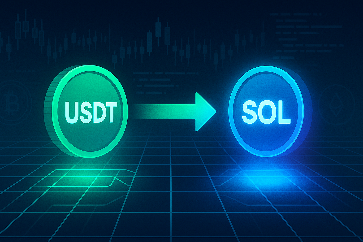 USDT to SOL swap concept with futuristic crypto exchange interface