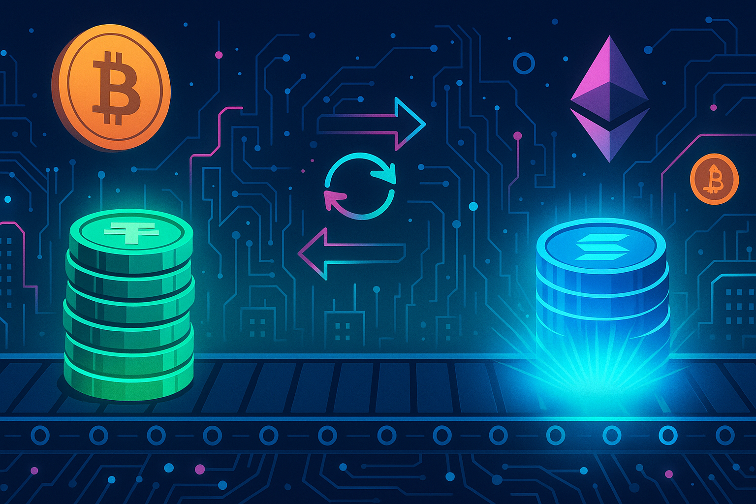 Digital city of circuits with conveyor swapping USDT coins to SOL