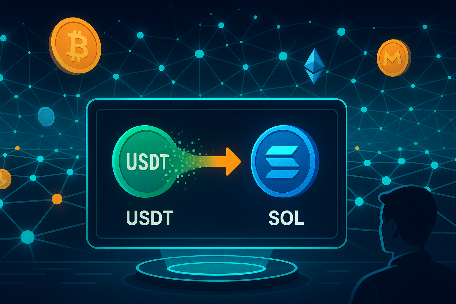 Futuristic crypto dashboard showing USDT to SOL swap with blockchain network in background