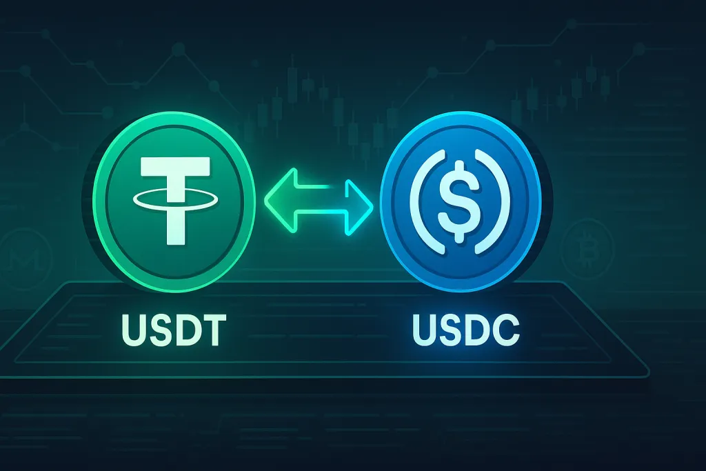 Bannière d'échange USDT/USDC avec flèche lumineuse sur une plateforme d'échange de cryptomonnaies.