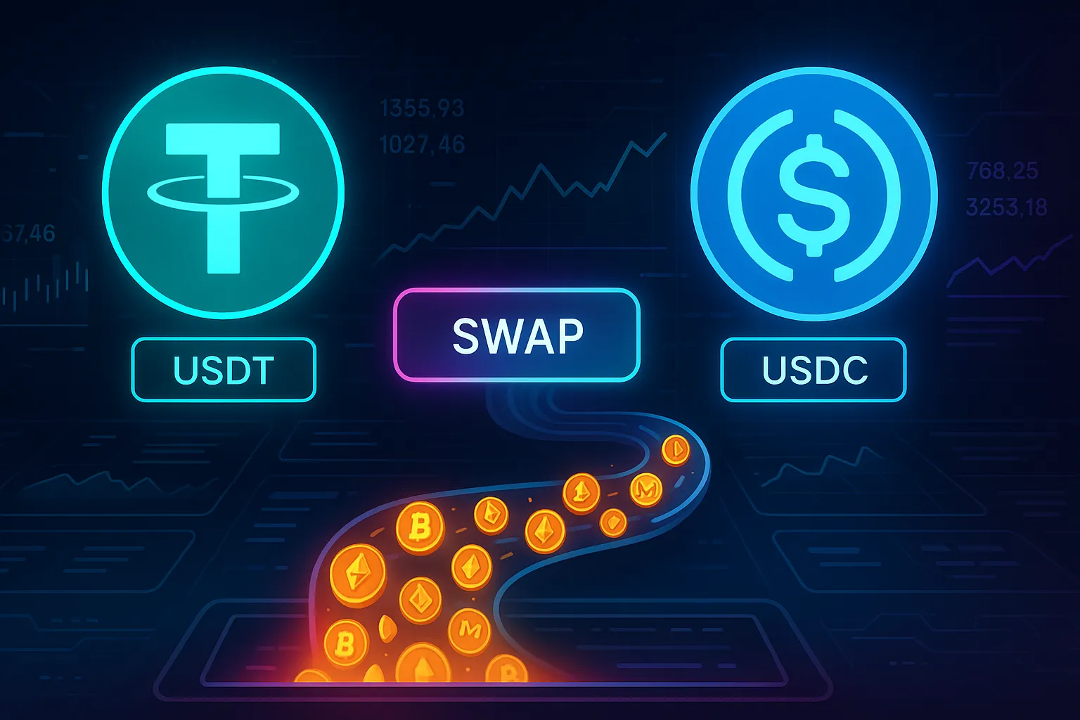 Tableau de bord futuriste affichant le swap USDT/USDC avec le flux de cryptomonnaies