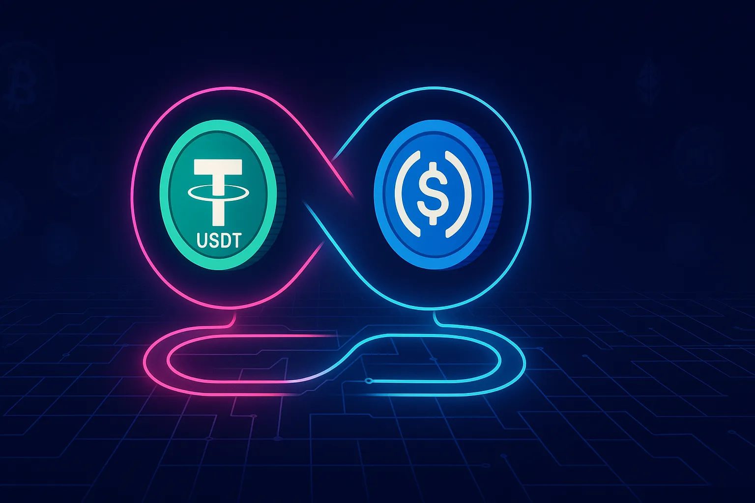 Bannière néon crypto affichant le swap USDT/USDC sur une plateforme de trading virtuelle