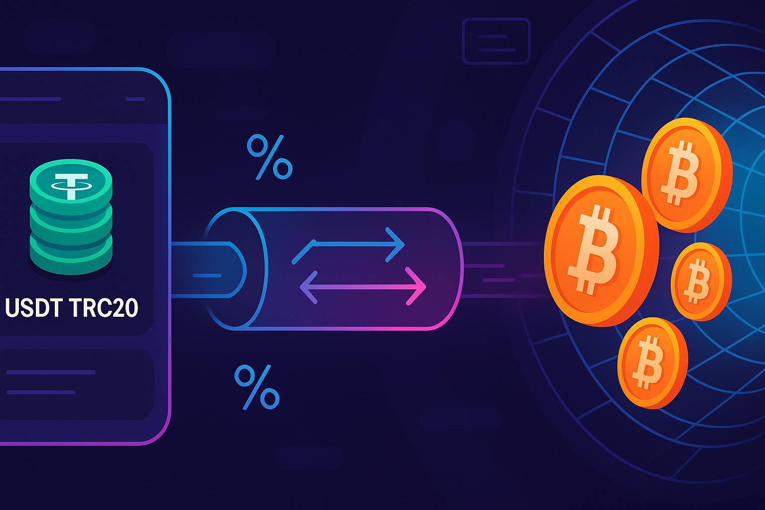 USDT TRC20 to BTC crypto exchange pipeline in futuristic flat design