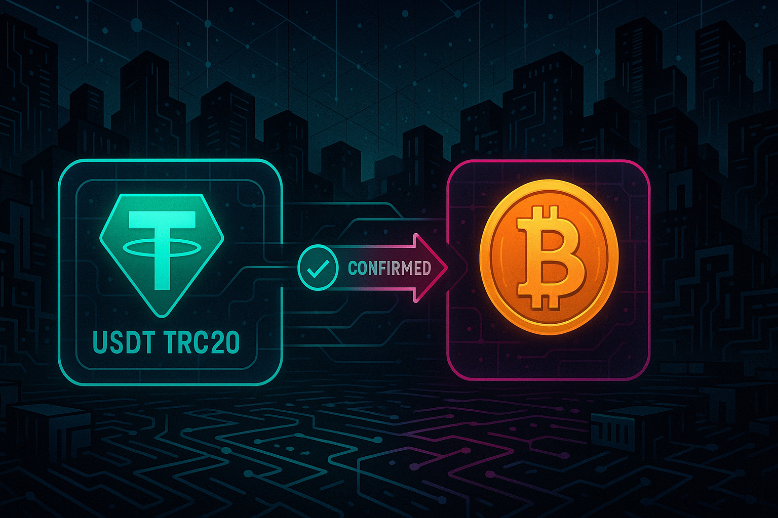 Digital dashboard converting USDT TRC20 stablecoins to BTC in a futuristic crypto city