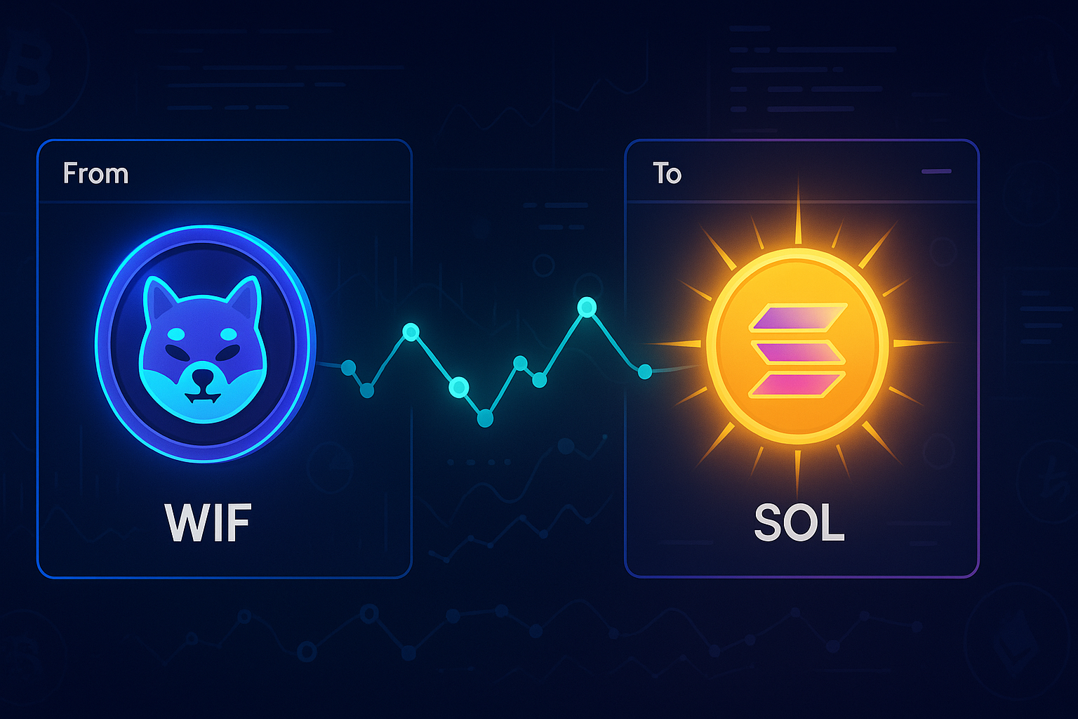 Futuristic WIF to SOL swap interface with glowing meme and sun coins