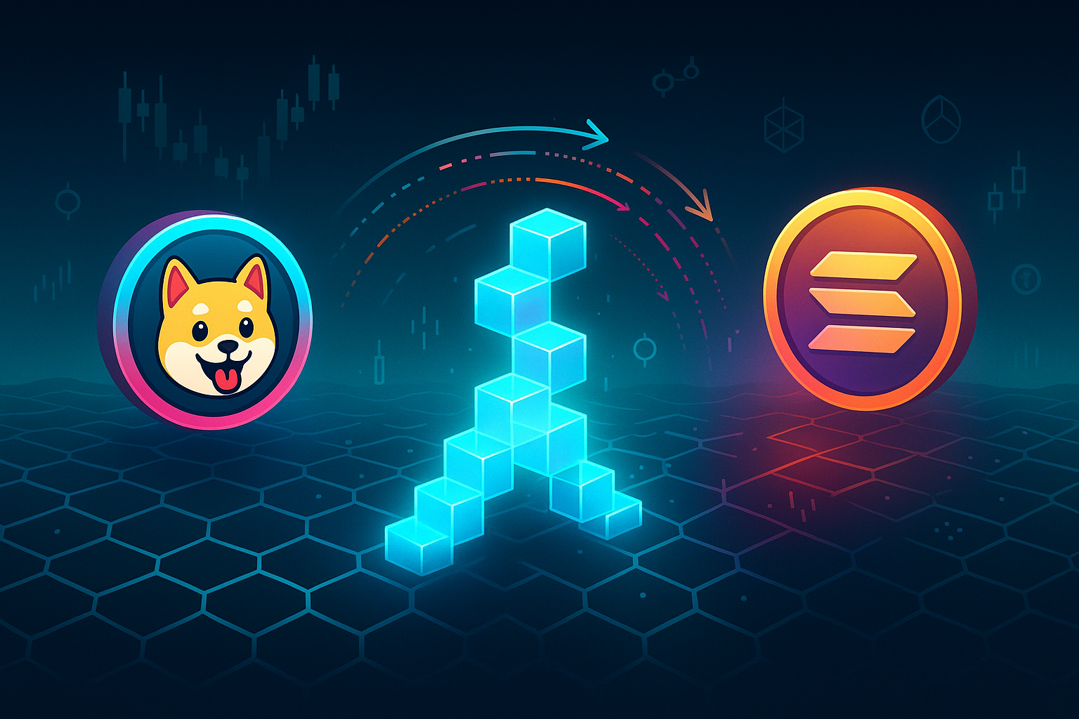 Digital blockchain bridge visualizing a WIF to SOL token swap across a hexagonal crypto ocean