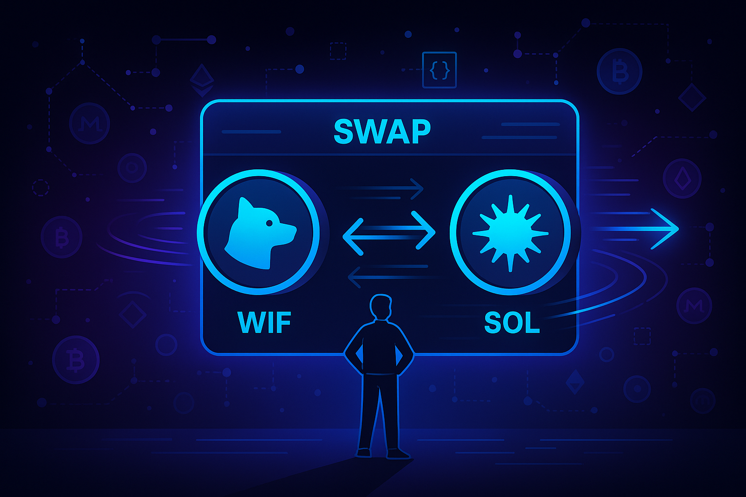 User swapping WIF to SOL on a futuristic crypto dashboard with orbiting coins