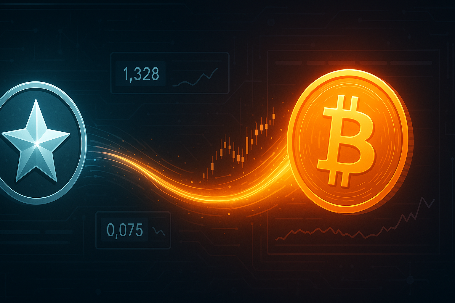 Futuristic crypto exchange dashboard showing XLM to BTC swap flow