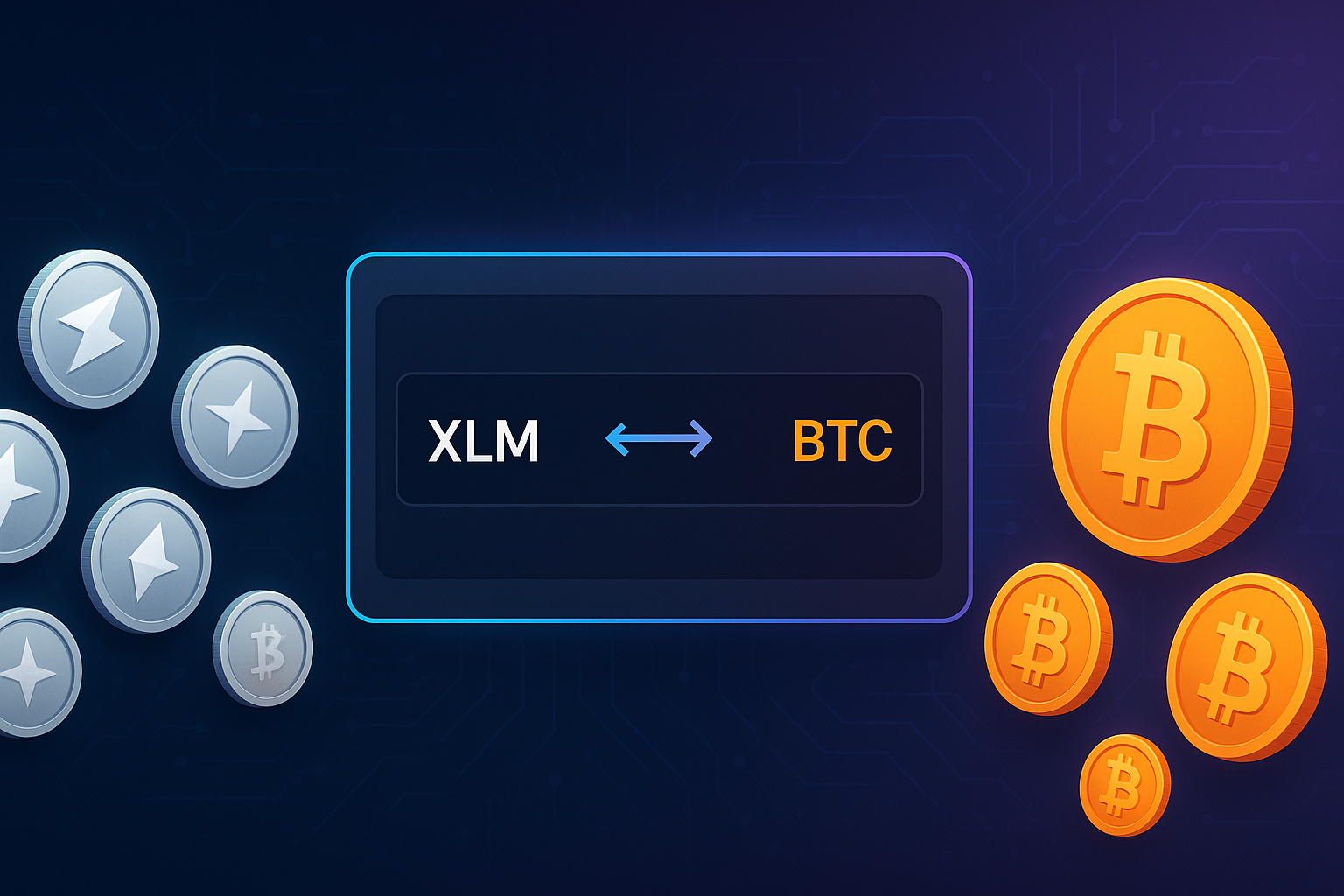 Modern dark-mode crypto swap interface illustrating XLM to BTC exchange