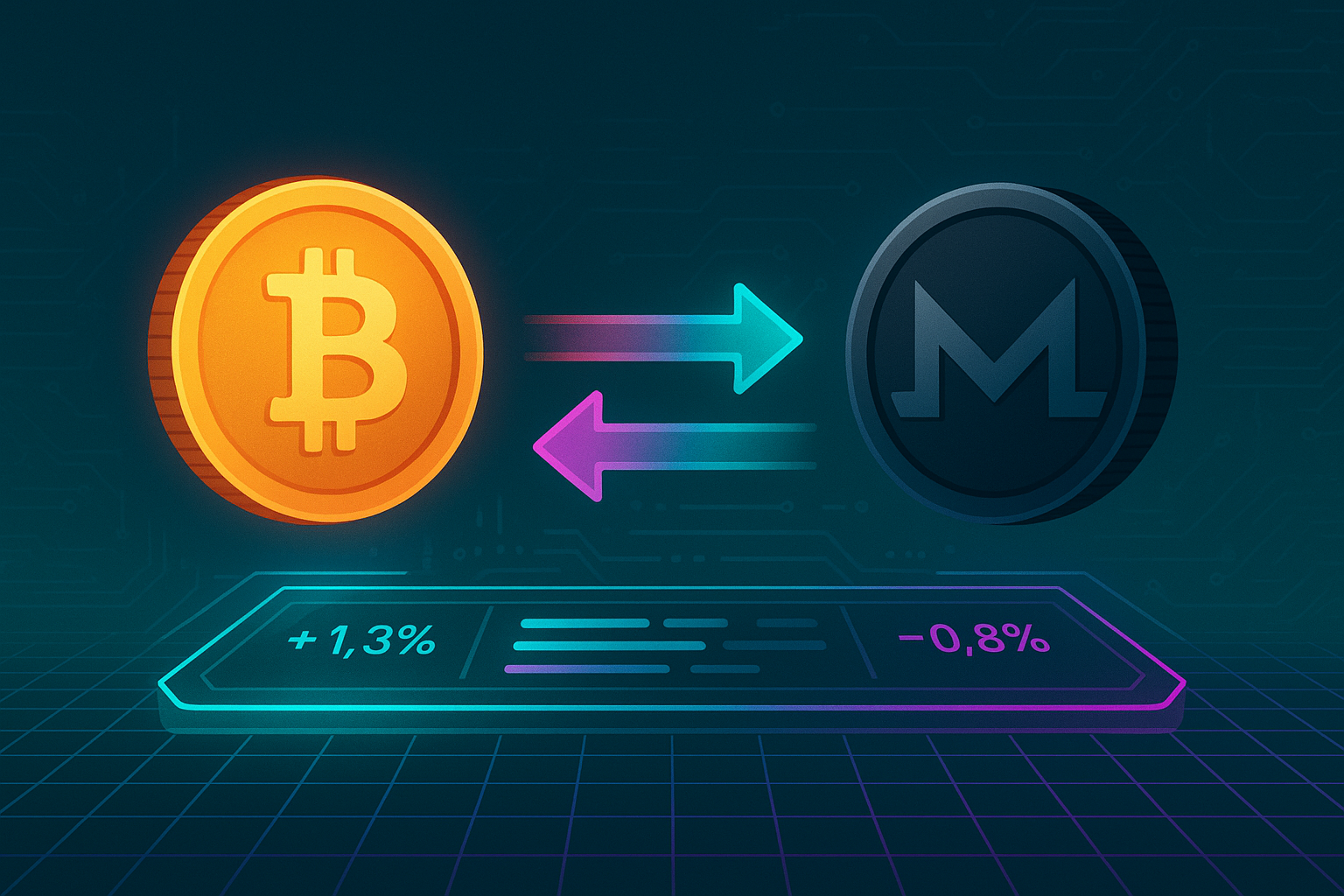 Cyberpunk banner showing digital XMR to BTC swap on a futuristic exchange