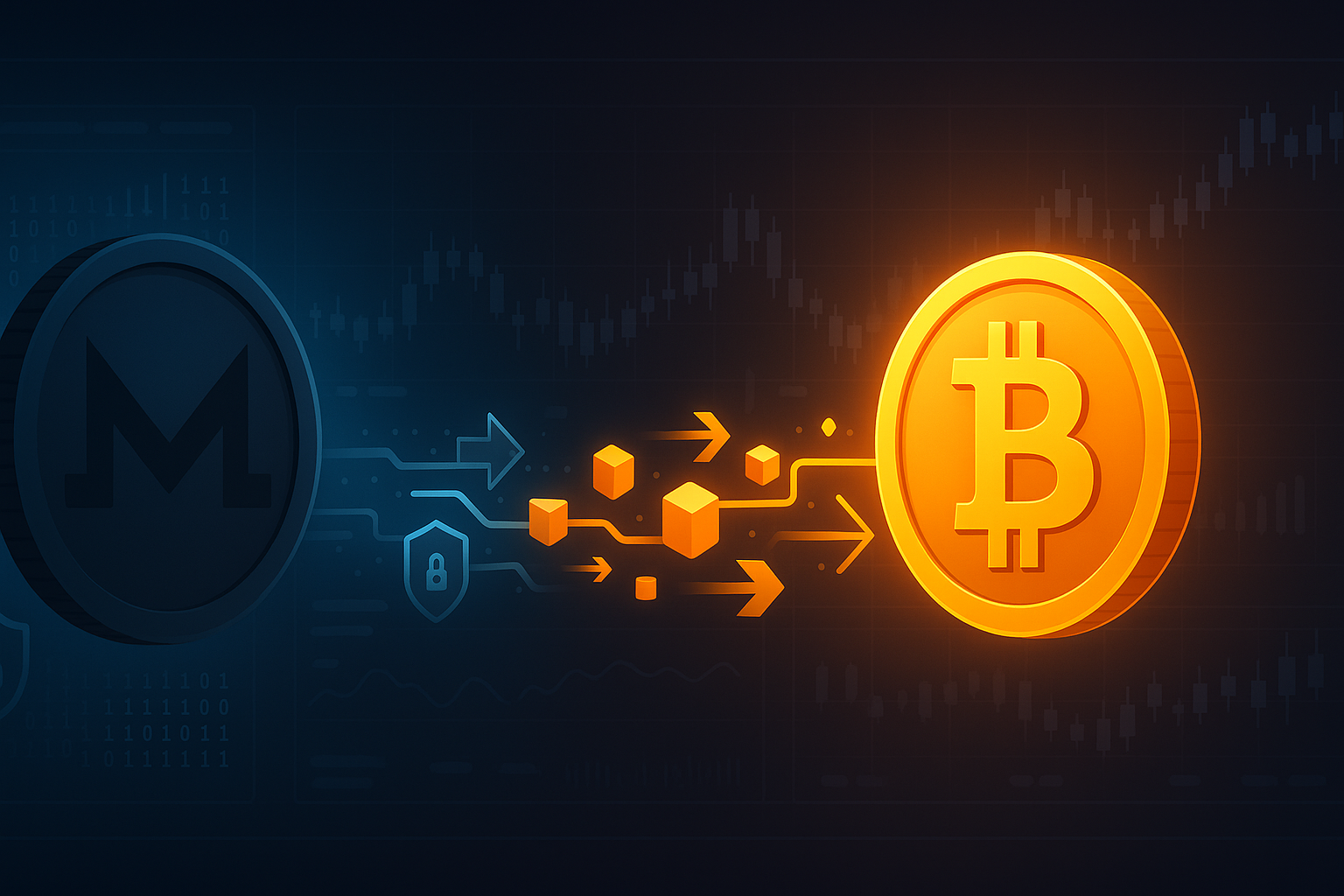 Modern banner showing secure XMR to BTC swap with privacy and trading visuals