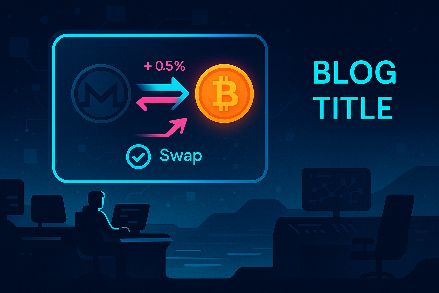Futuristic crypto control room visualizing an XMR to BTC swap route