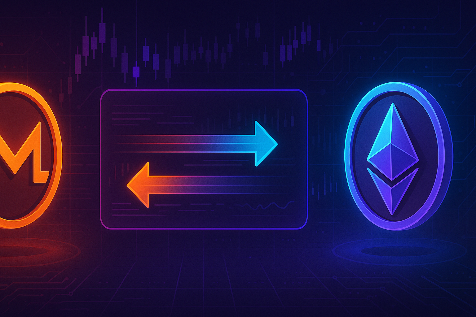 Cyberpunk-style XMR to ETH swap interface with glowing crypto coins