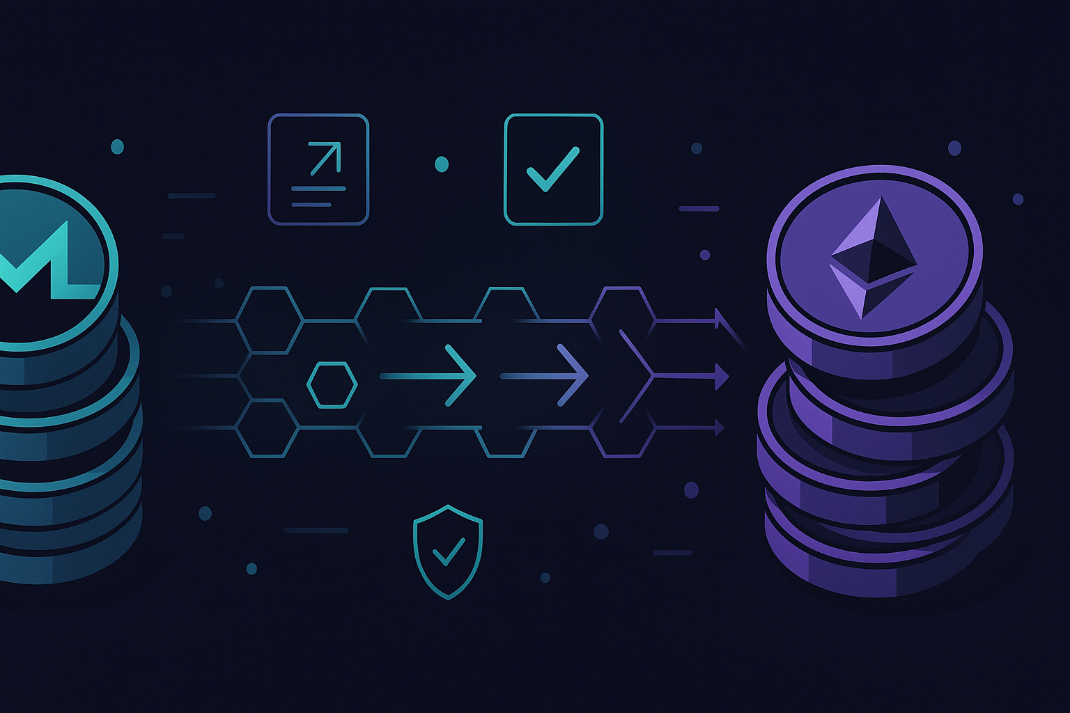 Tech-style illustration of XMR to ETH swap with secure crypto pipeline