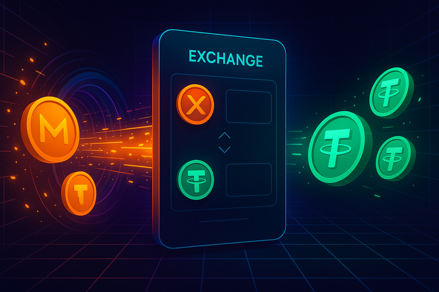 Digital crypto exchange banner showing XMR-style coins swapping into USDT-style stablecoins