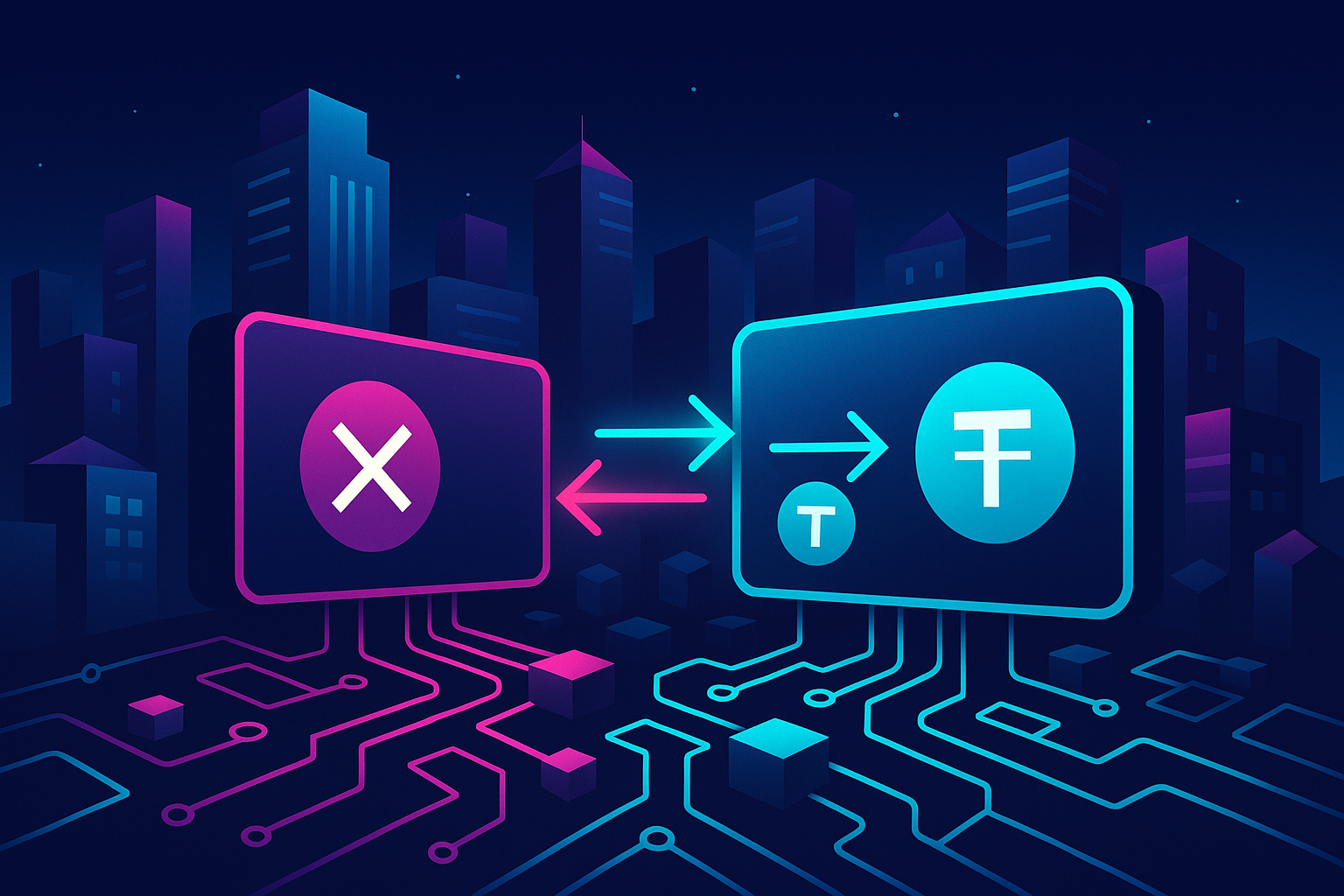 Futuristic crypto cityscape showing instant XMR to USDT swap on glowing dashboards