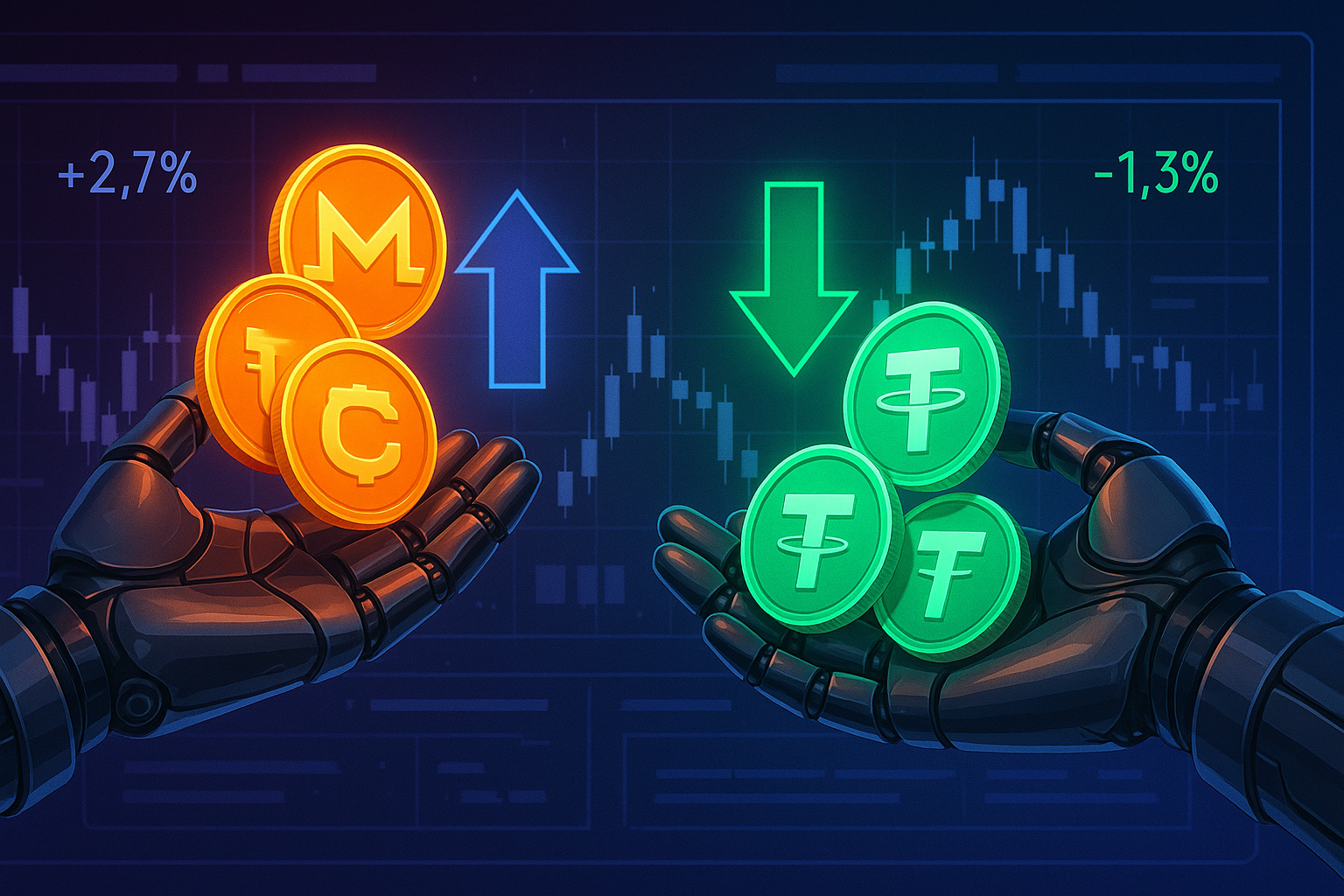 Robotic hands swapping Monero-style coins for USDT over a holographic crypto trading interface