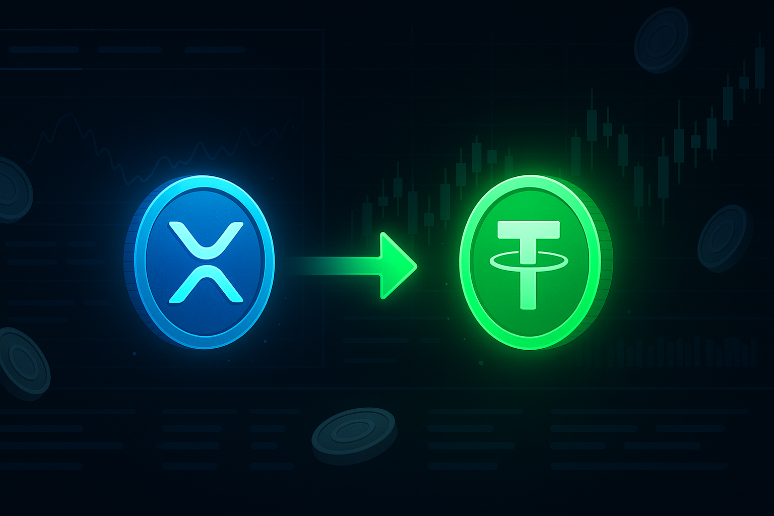 Modern crypto dashboard visualizing XRP to USDT exchange with neon coins