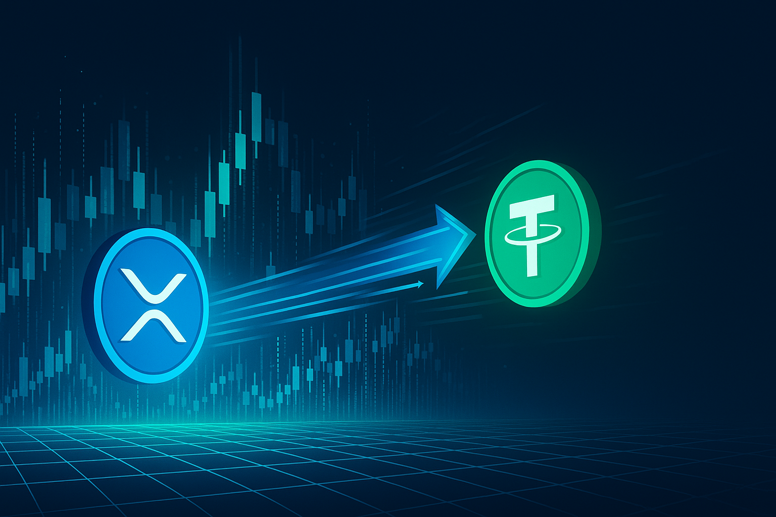 Futuristic holographic city showing fast XRP to USDT crypto exchange