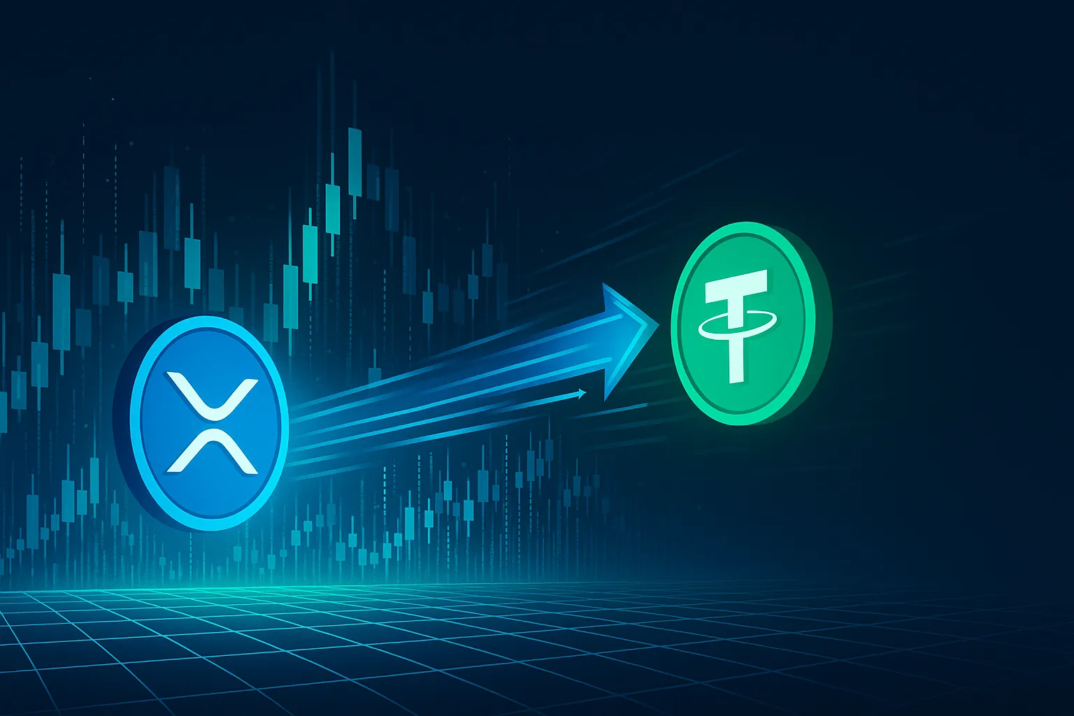 Futuristic holographic city showing fast XRP to USDT crypto exchange