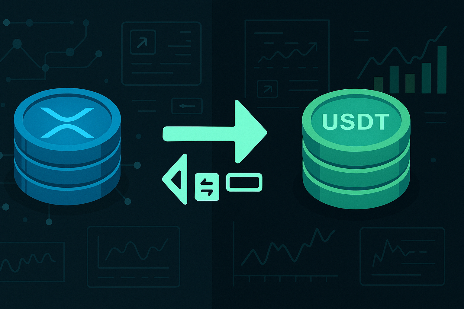 Modern XRP to USDT exchange banner with crypto swap interface on dark background