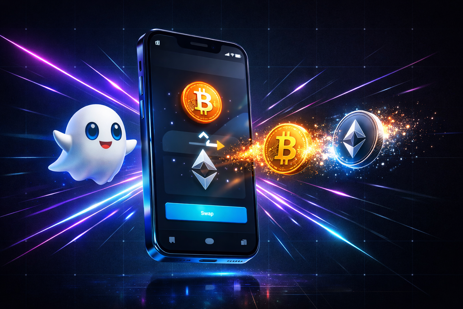 Hyper-Realistic 3D Telegram Crypto Swap Render (Cyberpunk Neon)