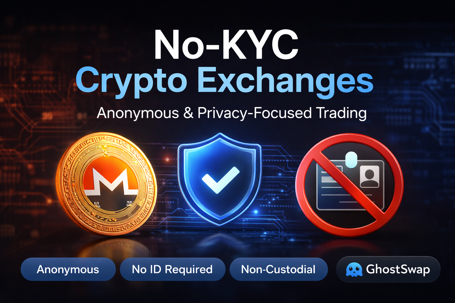 Dark-mode comparison table showing GhostSwap vs ChangeNOW vs SimpleSwap with KYC policy (No KYC vs risk-based), registration, custody type (non-custodial), and average swap speed.