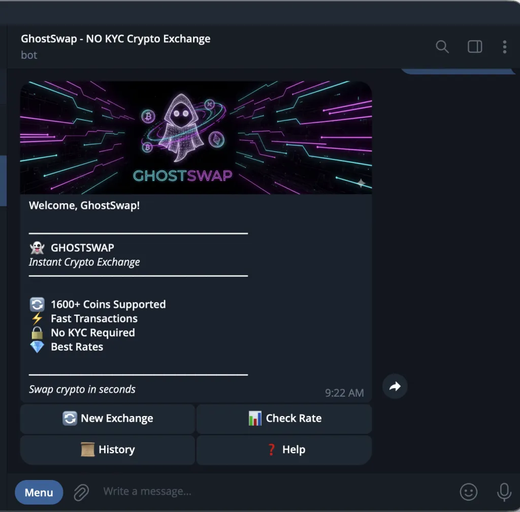 Immagine corrente: Bot Telegram per lo scambio di criptovalute GhostSwap