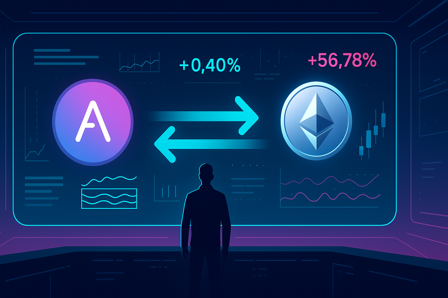 Trader in futuristic crypto control room viewing AAVE to ETH swap dashboard